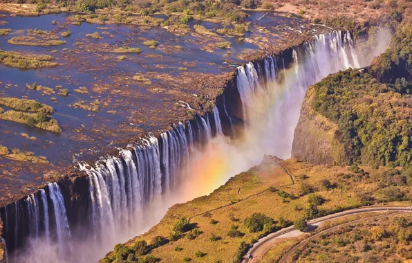 Дорога, водопад, радуга, Виктория, африка, замбия