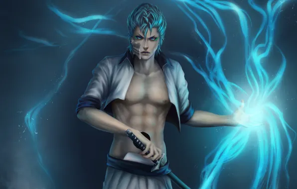 Магия, катана, маска, арт, парень, bleach, zetsuai89, grimmjow jeagerjaques