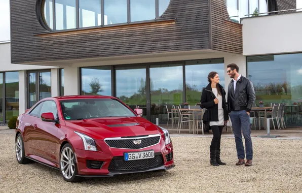 Авто, девушка, улыбка, Cadillac, куртка, кафе, мужчина, ATS-V