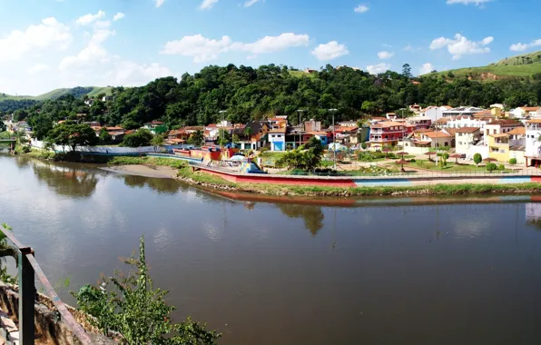 Мост, река, дома, бразилия, панорамма, сан паулу