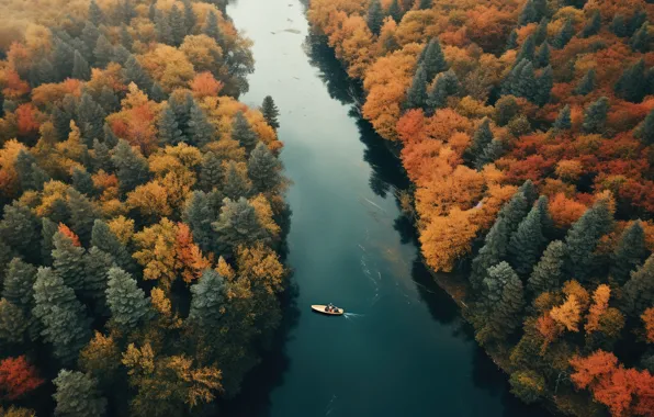 Осень, лес, деревья, река, листва, лодка, высота, водоем