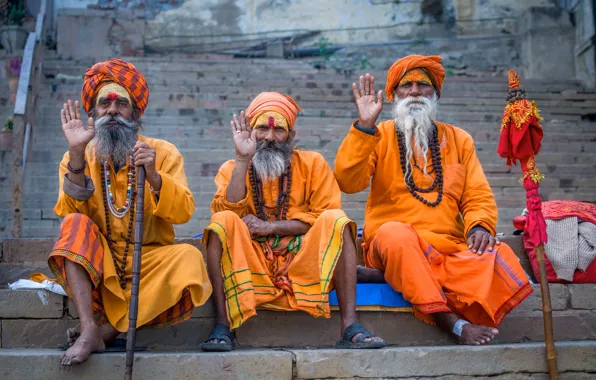 Трое, Варанаси, Varanasi, Северная Индия, North India, Храм Каши Вишванатх, Старики, Kashi Vishwanath Temple