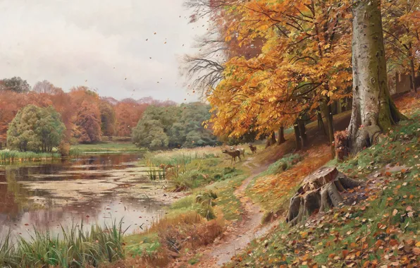 1918, датский живописец, Петер Мёрк Мёнстед, Peder Mørk Mønsted, Danish realist painter, Autumn day in …