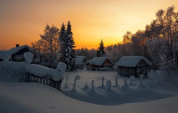 Картинка зима, снег, деревья, закат, природа, забор, дома, вечер