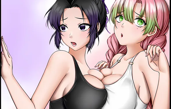 Sexy, cleavage, pink hair, green eyes, long hair, girls, boobs, anime