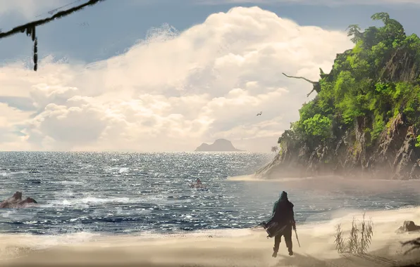 Море, пляж, океан, остров, арт, пираты, Assassin's Creed IV: Black Flag