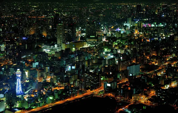 Свет, ночь, огни, здания, дома, небоскребы, Япония, мегаполис