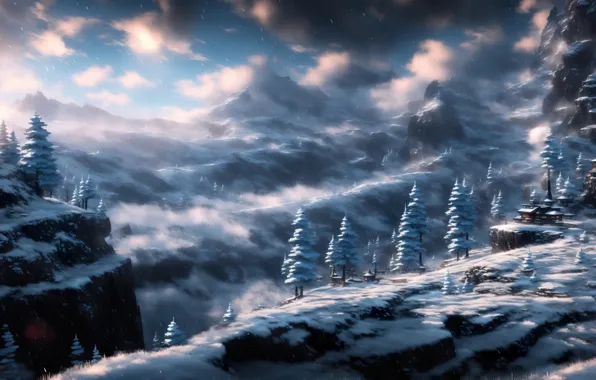 Fantasy, landscape, art, winter, village, mount, Stable Diffusion, neuronet