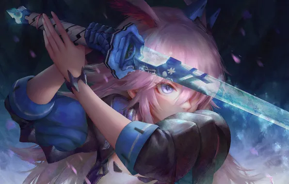 Girl, sword, pink hair, weapon, anime, purple eyes, samurai, artwork