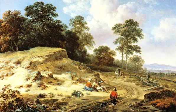Пейзаж, картина, Ян Вейнантс, Jan Wijnants, Дорога у Дюн с Крестьянами и Всадником