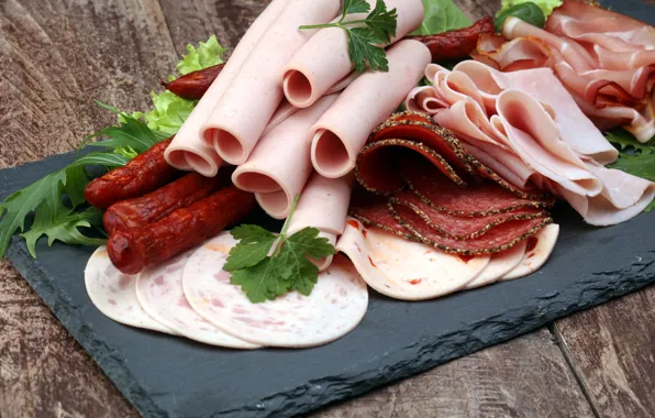 Зелень, вкусно, колбасная нарезка