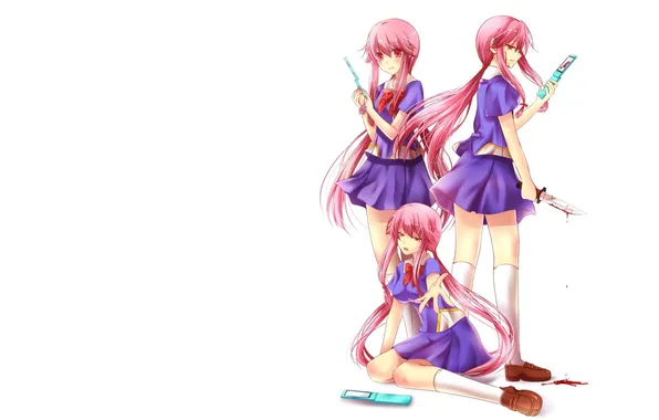 Blood, long hair, anime, red eyes, knife, Mirai Nikki, anime girls, Gasai Yuno