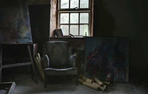 Картинка кресло, окно, картины