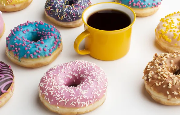 Кофе, чашка, пончики, пончик, десерт, выпечка, глазурь, donuts