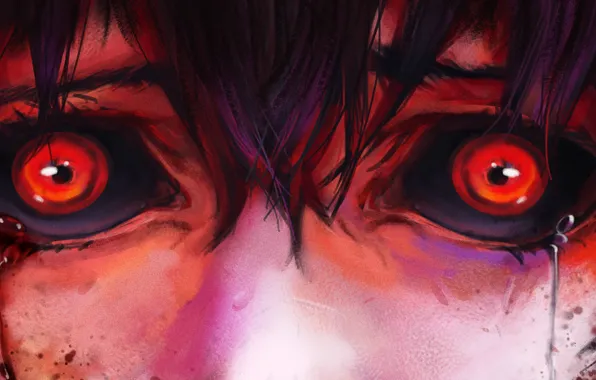 Страх, ужас, боль, красные глаза, кровавые слезы, Tokyo Ghoul, Hinami Fueguchi, Токийский Монстр