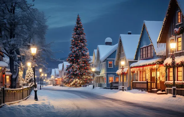 Зима, снег, украшения, ночь, город, lights, улица, елка