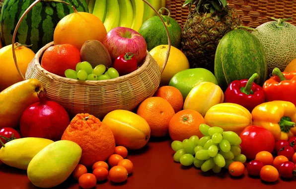 Арбуз, виноград, бананы, фрукты, ананас, натюрморт, овощи, помидоры