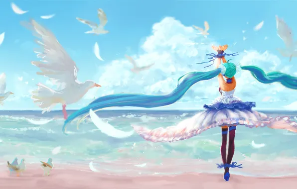 Картинка небо, девушка, облака, пейзаж, птицы, океан, берег, аниме