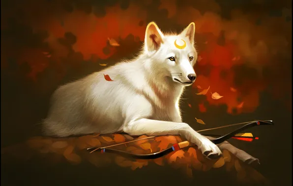 Картинка лес, листья, волк, лук, арт, защитник, White wolf