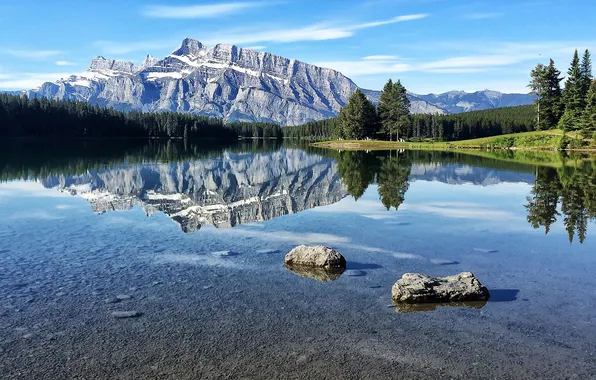 Лес, небо, деревья, горы, озеро, отражение, камни