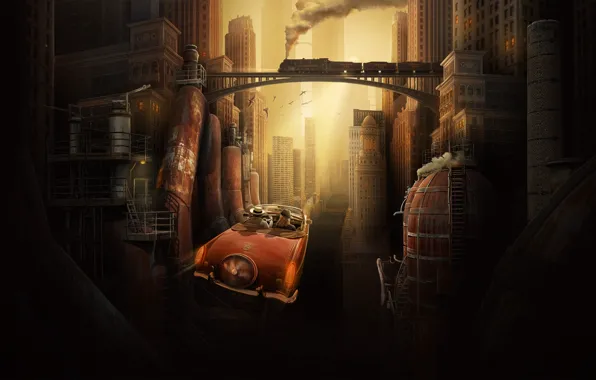 Картинка авто, мост, металл, трубы, город, ретро, будущее, фантазия