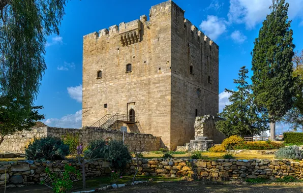 Деревья, камни, замок, солнечно, Кипр, Kolossi Castle
