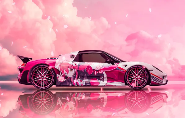 Картинка car, sky, pink, reflection, petals, pink clouds, vehicle, anime girls
