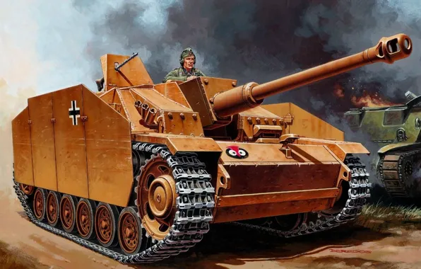 Картинка war, art, ww2, panzer, paiting, Sturmgeschütz III, gemrna tank, StuG-III Ausf.G