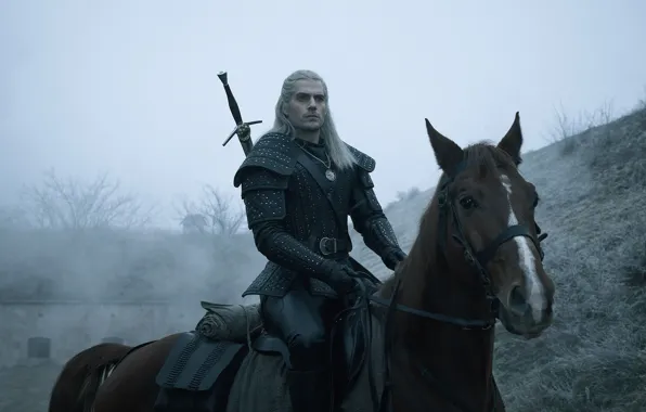 Взгляд, конь, меч, мужчина, Ведьмак, The Witcher, Геральт, Henry Cavill