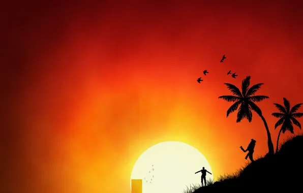 Картинка солнце, пальмы, люди, вектор