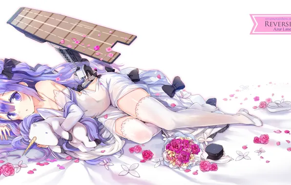 Цветы, Букет, Девочка, Лепестки, Розы, Единорог, Azur Lane