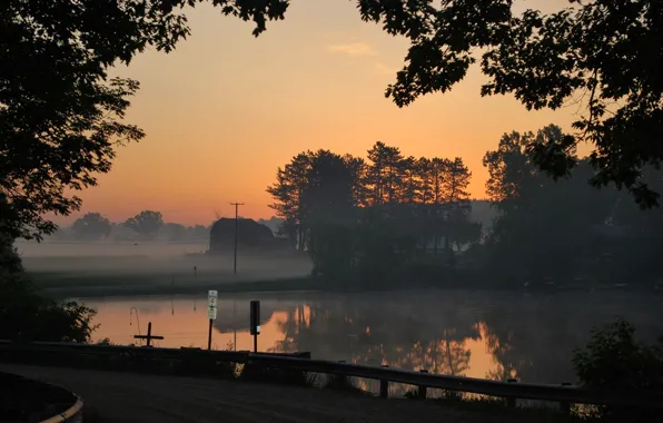 Дорога, деревья, пруд, силуэт, Рассвет, road, trees, sunrise