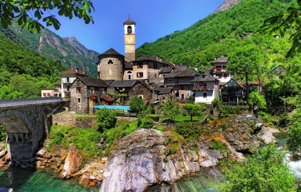 Картинка lavertezzo, Швейцария, ticino, мост, горы, склон, дома, деревья