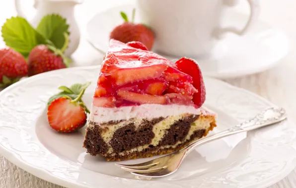 Картинка ягоды, клубника, тарелка, торт, вилка, десерт, выпечка, сладкое