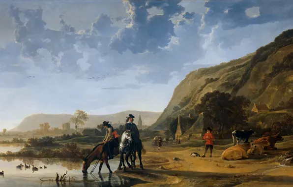 Картинка пейзаж, люди, лошадь, картина, Альберт Якобс Кёйп, Речной Пейзаж с Всадниками