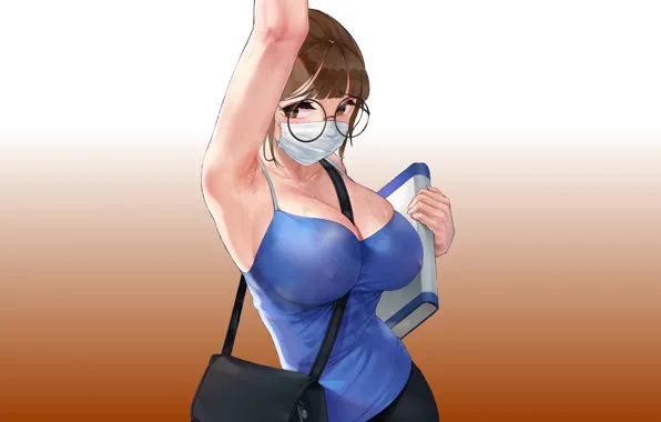 Girl, sexy, Anime, nipples, boobs, breasts, glasses, mask