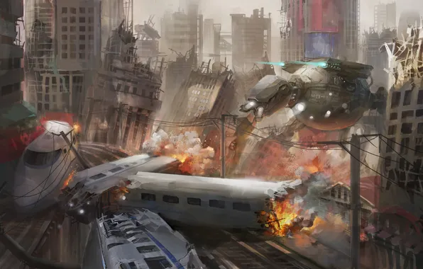 Картинка город, огонь, поезд, робот, арт, нападение, руины