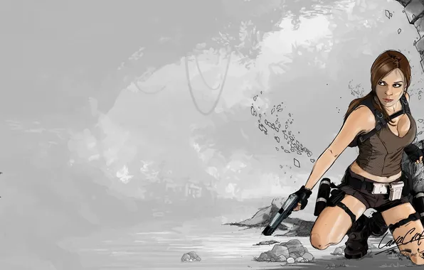 Картинка девушка, оружие, фон, пистолеты, арт, lara croft, tomb raider