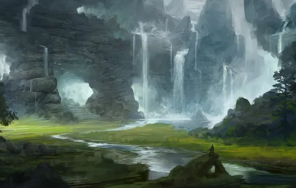 Картинка пейзаж, горы, человек, долина, арт, ступеньки, пещера, водопады