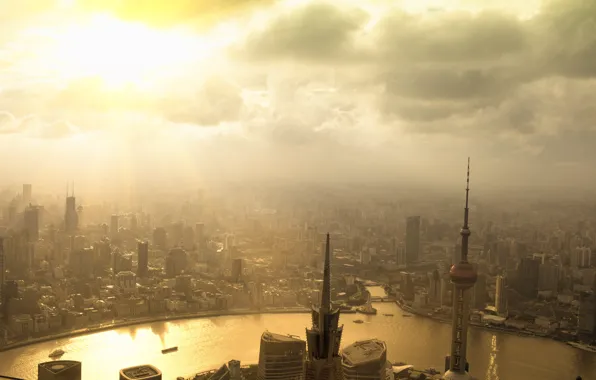City, river, sunset, clouds, bridges, skyscrapers, metropolis, sunbeams