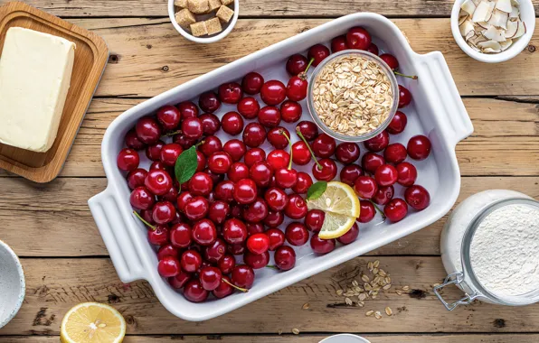 Вишня, ягоды, стол, доски, масло, банка, сахар, форма