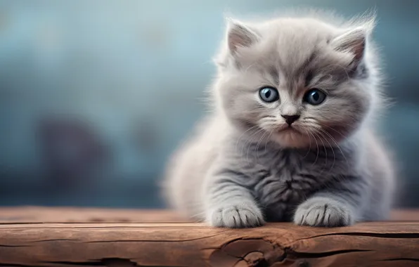 Кошка, взгляд, поза, котенок, серый, бревно, мордашка, британский