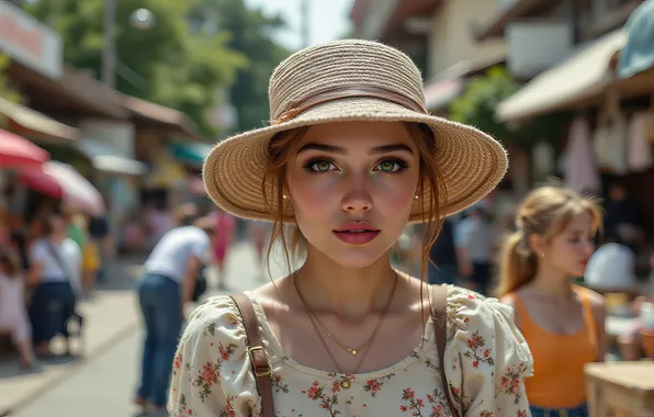 Лето, взгляд, девушка, город, люди, улица, здания, портрет