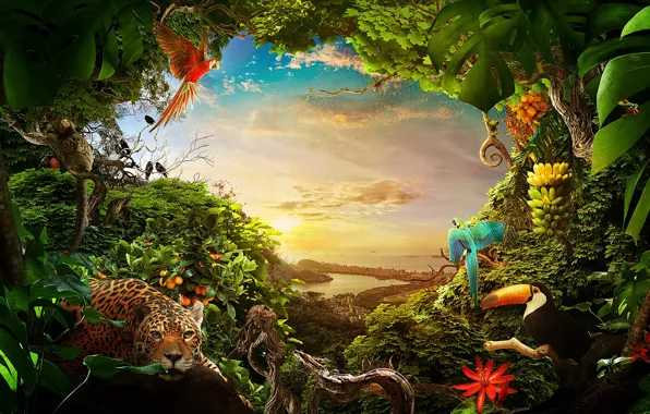Картинка море, зелень, лес, животные, деревья, пейзаж, птицы, город