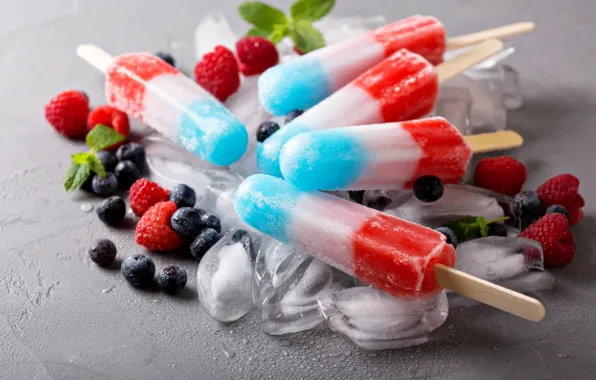 Малина, черника, мороженое, мята, sweets, ice cream