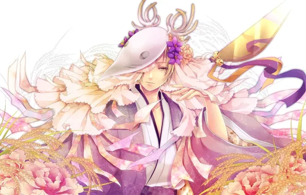 Цветы, маска, рога, колосья, японская одежда, накидка, Natsume Yuujinchou, Тетрадь дружбы Нацумэ