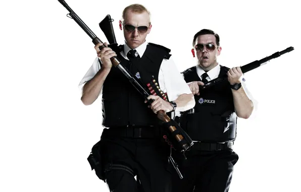 Оружие, пушки, очки, police, Саймон Пегг, Nick Frost, Simon Pegg, полицейские