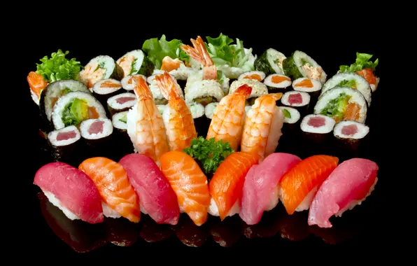 Картинка зелень, рыба, рис, черный фон, суши, роллы, креветки, морепродукты