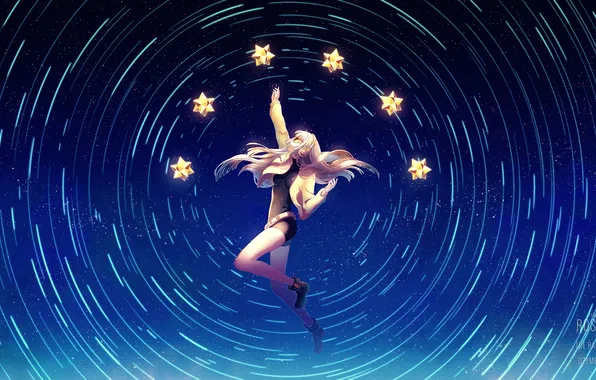 Небо, девушка, звезды, ночь, аниме, наушники, арт, vocaloid