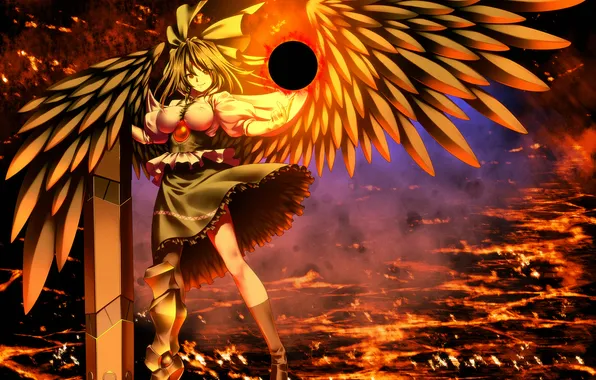 Картинка девушка, оружие, огонь, магия, крылья, арт, reiuji utsuho, touhou